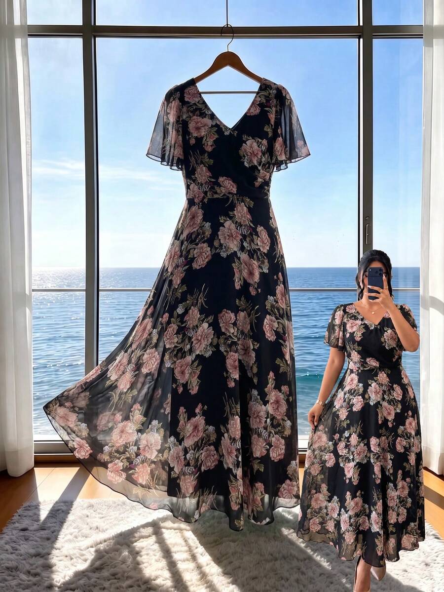 Modelyn Gaun Chiffon Elegan Motif Bunga Leher V Lengan Pendek Pinggang Terikat Potongan A-Line Regular Fit Ukuran Plus untuk Musim Semi dan Musim Panas - MultiWarna - View 1