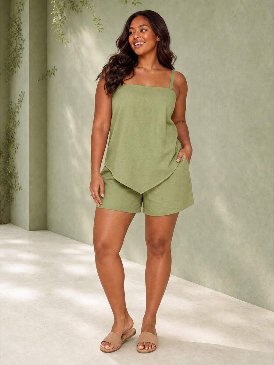ELLERISSA Plus Size Green Linen Cami Top & Shorts Co-Ord Set - Green - View 1
