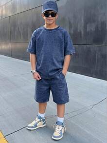 SHEIN Teen Boy Round Neck Short Sleeve Top And Denim Shorts Set - Dark Wash - View 3