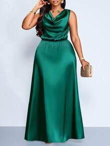 SOLERSUN Vestido de fiesta elegante para mujer de talla grande, adecuado para ocasiones importantes como fiestas de cumpleaños, temporada de graduación, té de la tarde, Acción de Gracias y temporada de bodas. Las características incluyen un escote drapeado, diseño sin mangas, cintura alta, silueta en A y longitud extra larga. Hecho de material de satén/seda, perfecto para el verano. - Verde Oscuro - Ver 3