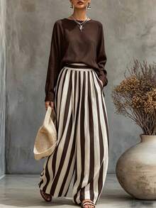 Breezaya Women's Loose Round Neck Long Sleeve Top & High Waist Brown Striped Wide Leg Pants 2 Pieces Casual Vacation Outfit - Multicolor - View 3