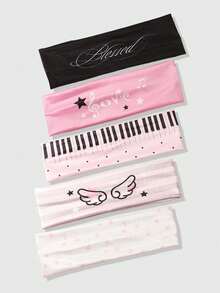 ROMWE Anime 5pcs Y2K Pink Cute Style Piano Keyboard Music Note Wing Letter Print Headbands, Versatile Hair Accessories For Yoga, Sports, Photography And Atmosphere - Multi-color C model - View 1