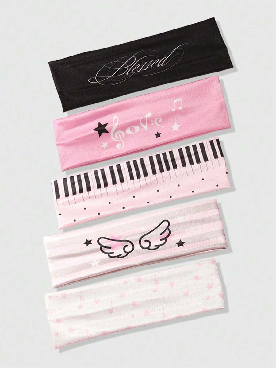 ROMWE Anime 5pcs Y2K Pink Cute Style Piano Keyboard Music Note Wing Letter Print Headbands, Versatile Hair Accessories For Yoga, Sports, Photography And Atmosphere - Multi-color C model - View 1
