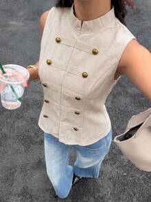 Siren Gaze Summer New Double-Breasted Stand Collar Sleeveless Shirt - Apricot - View 5