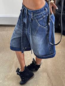 StreetHx Fashion Casual Street Style Rolled Cuff Drawstring Low Waist Denim Capris - Medium Wash - View 5