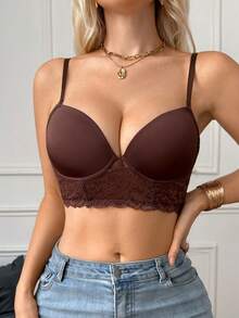 SHEIN 女款蕾絲拼接性感日常細肩帶內衣 - 棕色 - 查看 5