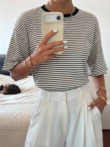FRIFUL Women's Wavy Striped Loose Contrast Trim Short Sleeve T-Shirt, Summer Casual Wear - Black and White - View 4