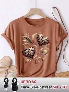 SHEIN CURVE+ Women Casual Sunflower & Leopard Print Round Neck Short Sleeve T-Shirt - Brown - View 1