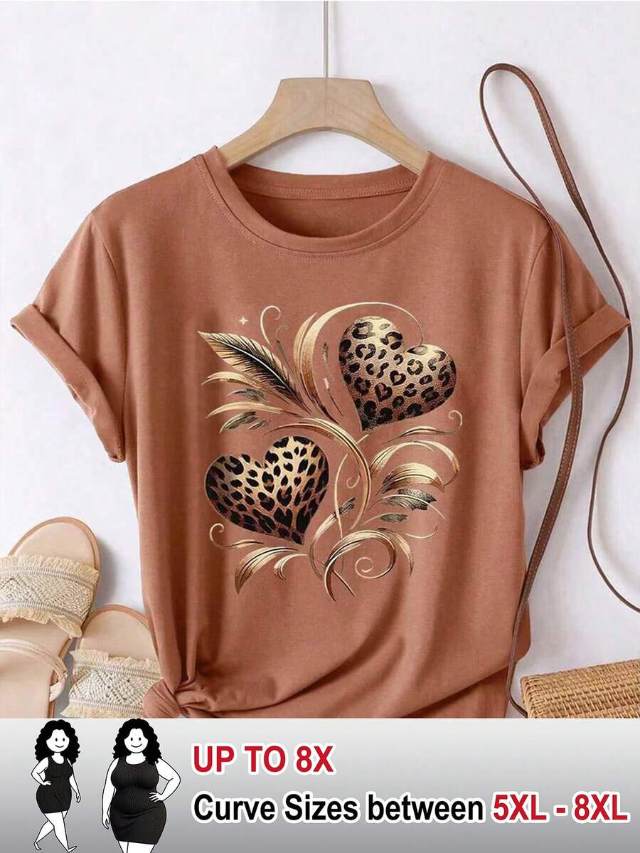 SHEIN CURVE+ Women Casual Sunflower & Leopard Print Round Neck Short Sleeve T-Shirt - Brown - View 1