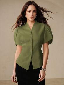 BELROSIE BELROSIE 優雅通勤奢華女款西裝上衣，白色純色，短袖泡泡鬱金香袖，立領單排扣裝飾，收腰設計，微喇下擺，挺挺修身剪裁，挺括面料，極簡優雅風，夏季 - 軍綠色 - 查看 4
