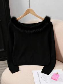 Franclia Women's Solid Color Long Sleeve Fashionable Patchwork Fur Collar Sweater, Autumn/Winter - Black - View 6