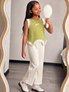 SHEIN 2pcs/Set Atasan Tank Tanpa Lengan Anak Perempuan dengan Hiasan Ruffle dan Dekorasi Bunga 3D, Celana Panjang Putih Berlipit Lebar Longgar, Gaya Komuter Manis untuk Perjalanan Musim Panas, Menggabungkan Estetika dan Kenyamanan - Hijau - View 10