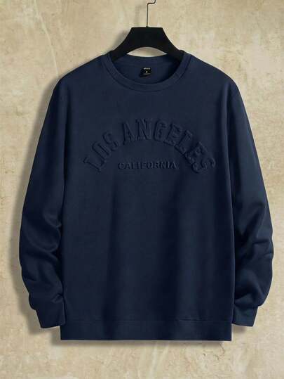 Manfinity RebelGame Men's Solid Color Letter Embossed Long Sleeve Casual Stretch Knit Sweatshirt