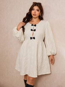 Elaquor Gaun Elegan Lengan Lentera Jacquard Dekorasi Pita untuk Wanita Ukuran Plus, Musim Gugur - Krem - View 10