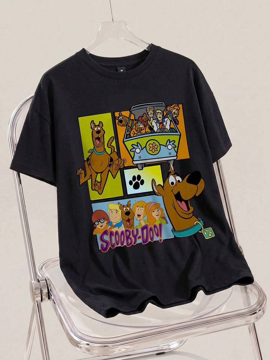 SCOOBY-DOO X SHEIN 男士休闲卡通狗印花圆领短袖T恤,夏季 - 黑色 - 查看 1