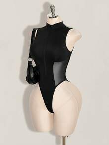 SHEIN ICON Y2k Women's Halloween Black Sexy Fashion Zipper Mesh Patchwork Bodysuit - Black - View 14