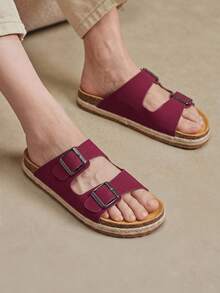 Solecia Sandal Musim Panas Wanita Terbaru dengan Sol Tali Rami, Model Slip-On dengan Hiasan Gesper Sabuk, Sandal Pantai Modis - Burgundy - View 12