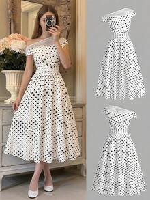 SHEIN Gaun Musim Panas Elegan untuk Remaja Perempuan dengan Motif Polkadot dan Patchwork Renda, Kerah Asimetris - Hitam dan Putih - View 10