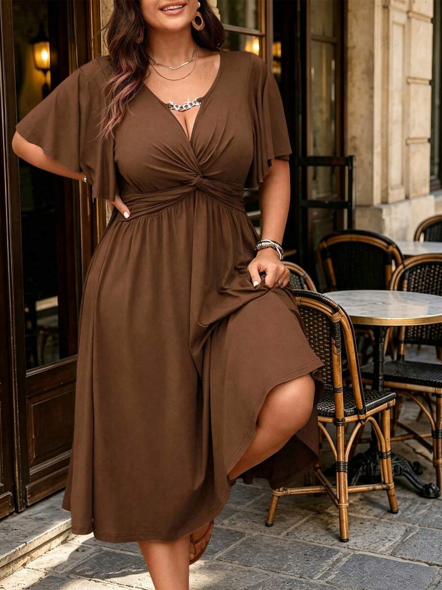SHEIN LUNE Plus Size Women's Spring/Summer Chain Trim Ruffle Knot Waist Knit Textured Elegant Graceful A-Line V-Neck Midi Dress - Khaki - View 1