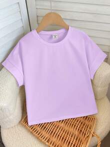 SHEIN Tween Girl Casual Solid Color Loose Crew Neck Rolled Cuff Cap Sleeve Cropped T-Shirt - Mauve Purple - View 7