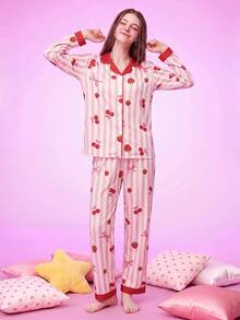 Provexi Provexi Bubble Crinkle Pink Striped Strawberry Print Long Sleeve Long Pants Pajama Set - Multicolor - View 3