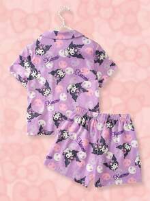 HELLO KITTY AND FRIENDS | SHEIN 女童卡通印花短袖單排扣上衣與短褲家居服 - 紫色 - 查看 2
