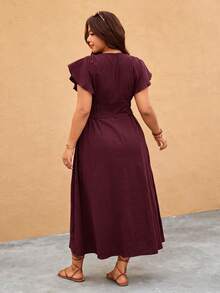 SHEIN CURVE+ Women's Plus Size Casual Solid Color Cinched Waist Midi Dress, Brown, Summer Beachwear - Red Violet - View 2