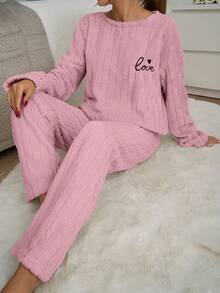 EURMUSE 2pcs Striped Fuzzy Fabric With Slogan Embroidery Detail Homewear PJ Set - Pink - View 5