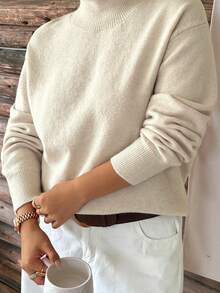 Dazy Plus Solid Color Casual Loose High Neck Versatile Autumn/Winter Long Sleeve Apricot Pullover Sweater - Apricot - View 3