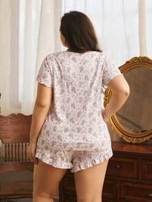 Côtesoire Plus Size Ditsy Floral Top And Shorts Pajama Set - Multicolor - View 3