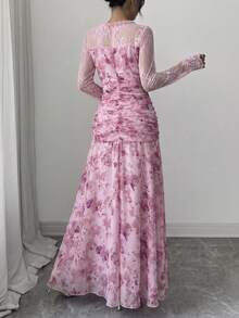 Modelyn French Design Lace Patchwork Bow Women's Long Dress - Dusty Pink - View 3