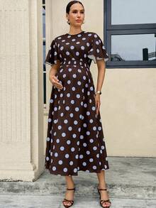 MaterniWear 圓點印花高腰孕婦洋裝 - 棕色 - 查看 3