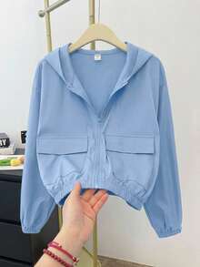 SHEIN 青少年女孩編織素色貼袋短版寬鬆休閒連帽外套 - 藍色 - 查看 11