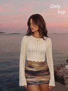 SHEIN MOD Elegant Boho Women's Crochet Knit Bell Sleeve Crop Top Casual Hollow Out Sweater, Autumn Beach Vacation, Shopping, Party Attire Beige - Apricot - View 1