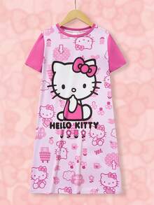 HELLO KITTY AND FRIENDS | SHEIN Tween Girl Cartoon Print Pink Cute Short Sleeve Nightgown, Summer - Pink - View 1