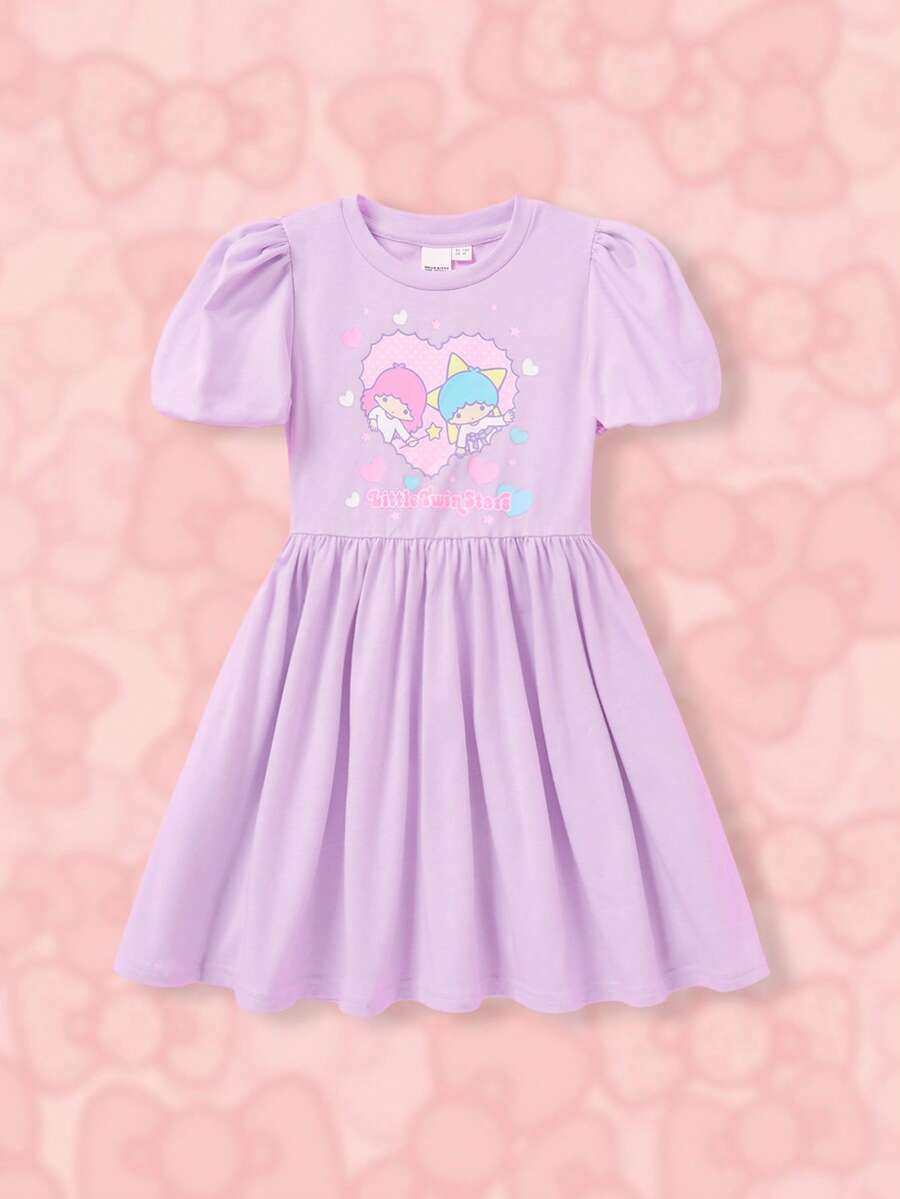 HELLO KITTY AND FRIENDS | SHEIN 少女休閒可愛心形圖案&卡通角色印花泡泡袖a字裙 - 紫色 - 查看 1