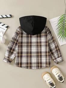 SHEIN Genkimix Kids 男童格紋連帽襯衫外套，春/秋季 - 卡其色 - 查看 3