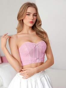 PetitDoll 1件裝 女款粉色睫毛蕾絲無肩帶胸罩 - 粉色 - 查看 4