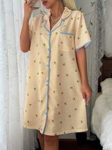 CottageSlumber Contrast Trim Lemon Plaid Print Nightgown, Comfortable Shirt-Style Loungewear Dress - Yellow - View 5