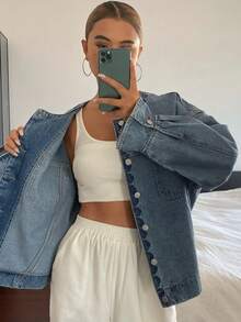 DAZY 女款刺繡設計寬鬆牛仔夾克外套 秋季 - 中等水洗藍 - 查看 5