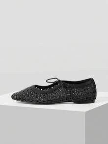 Mnmlis Women Black Flats With Lace-Up Detail Weave Hollow Out Design Round Toe Casual Ballet Shoes - Black - View 2