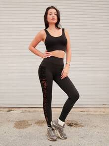 Nelanie Turli Women's Simple And Plain Daily Semi-Transparent Leggings Yoga Pants Sports Black - Black - View 2