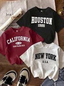 Divinelle 3pcs Set Casual Minimalist Letter Print Pattern Crew Neck Short Sleeve Fitted Women's Cropped T-Shirt - Multicolor - View 1