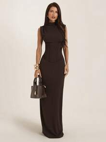 SHEIN BAE Women's Brown Cinched Waist Sexy Elegant Dress, Brown Dress, Suitable For Daily Wear, Dating, Night Out, Nightclub, Party, Gathering, Cocktail Party, Pool Party, Back To School, Holiday Dress, Music Festival Outfit, Country Music Festival Outfit, Halloween - Brown - View 3