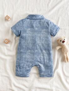 SHEIN Vintaside Kids 嬰兒男童卡通圖案牛仔效果短袖連體褲 - 藍色 - 查看 2