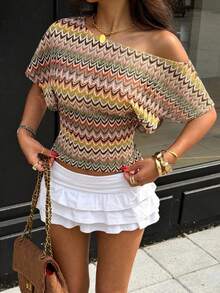 SHEIN SXY Atasan Lengan Pendek Leher Asimetris Bergaris Gelombang Beige Gaya Boho Kasual Liburan Pantai Musim Panas - MultiWarna - View 1