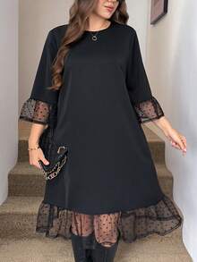 Comfylo Plus Size French Elegant Mesh Patchwork Round Neck Dress For Vacation Fall Work Dress Back To School Going Out Outfits Black Dress - Black - View 1