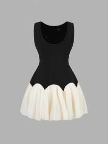 Firerie Kids Tween Girl Black And Cream Summer Elegant Party Dress,Pearl Patchwork Curved Hem Mesh A-Line Sleeveless Fitted Graduation Tea Party Formal Dress - Black - View 2
