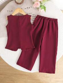 Firerie Kids Firerie Kids Young Girls Casual Daily Fashion Commute Red Vest & Pants 2 Pieces Set - Burgundy - View 2
