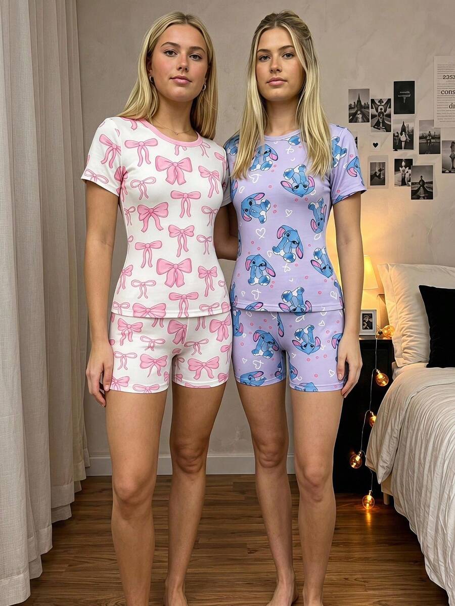 1套女童貼身睡衣套裝，上衣與短褲，紫色底色配粉色蝴蝶結圖案，甜美Y2K可愛風，高彈性平滑針織面料，柔軟舒適 - 粉色 - 查看 1